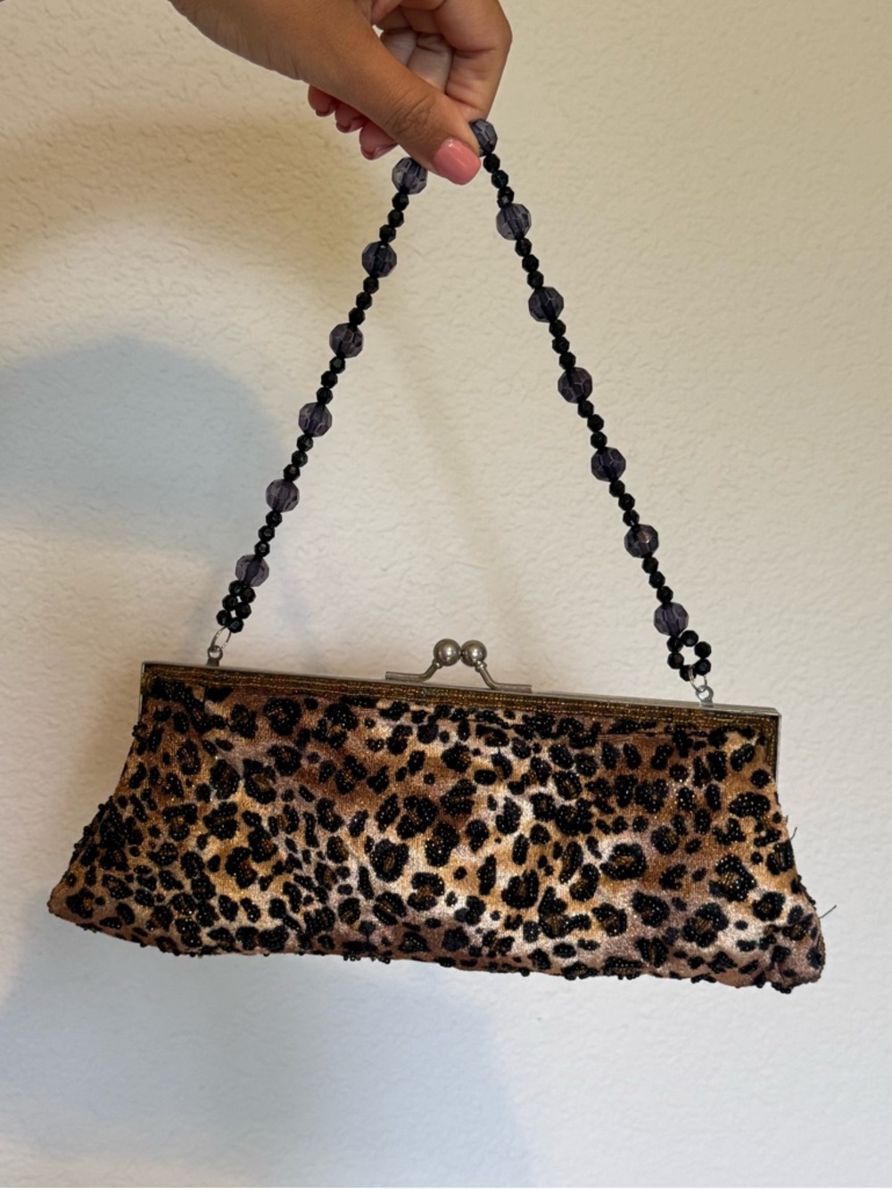 Vintage 90s-Y2K Leopard Beaded Frame Tan/Black Clutch